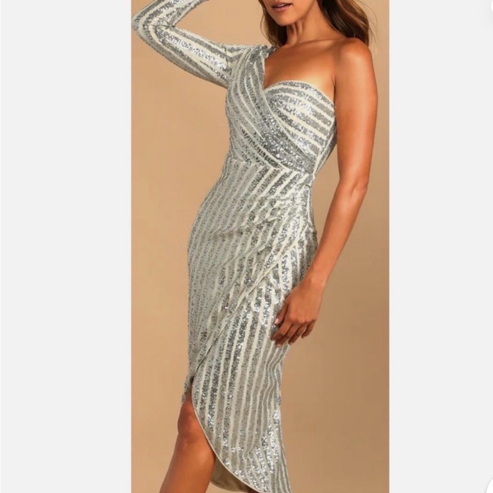 Lulu's Shimmering Silver One-Shoulder Dress